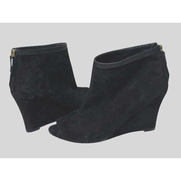 Ann Taylor Black Suede Peep Toe Wedge Booties 7.5M - Picture 1 of 12